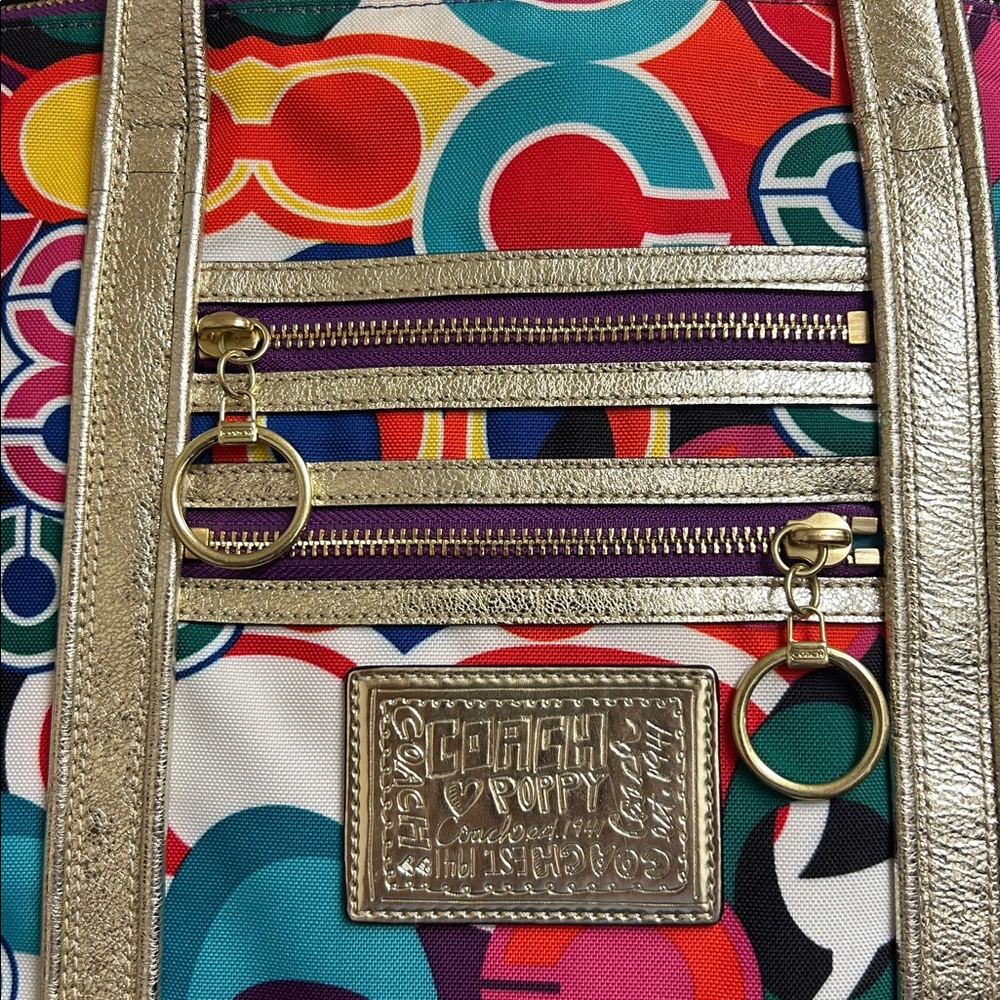 Coach Poppy Pop Gold Metallic Glitter Trim Tote Bag, 15”L x 14”H X 4”W - Picture 2 of 11